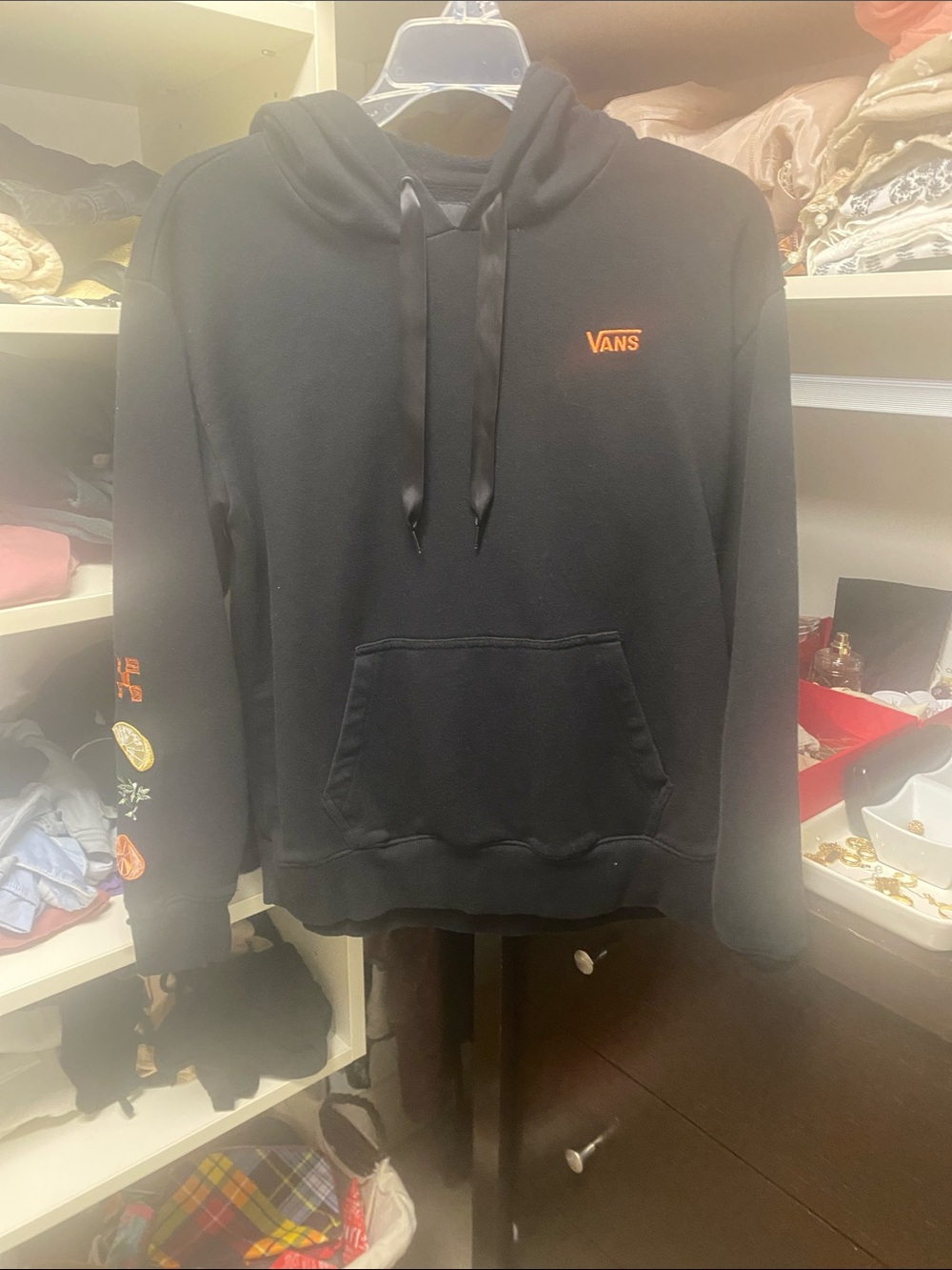 Vans Black Hoodie with Orange Logo and Sleeve Patches